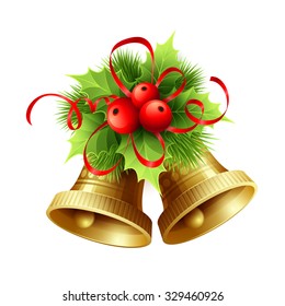 Golden Christmas bells with Holly berries, tinsel and red bow. Vector illustration EPS 10