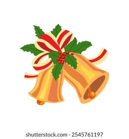 Golden christmas bells with holly leaves, berries, and festive ribbon. Holiday decoration illustration in flat style.