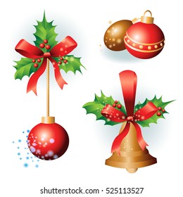 golden Christmas bells with holly leaves on a white background