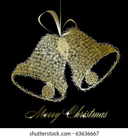 Golden Christmas bells made of gold snowflakes and stars on black background. Vector eps10 illustration