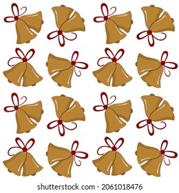 Golden Christmas bells with a red bow, isolated on a white background, illustration. Christmas icon with jingle bell design