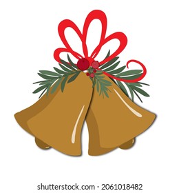 Golden Christmas bells with a red bow, isolated on a white background, illustration. Christmas icon with jingle bell design