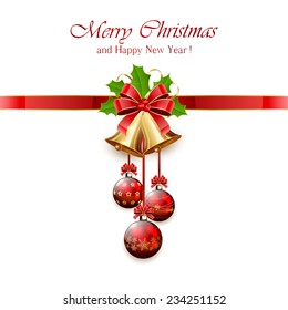 Golden Christmas bells with red bow, tinsel and Holly berries on white background, illustration.