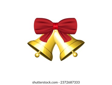 Golden Christmas bells with red bow isolated on white background, holiday decoration, illustration. Christmas vector banner.