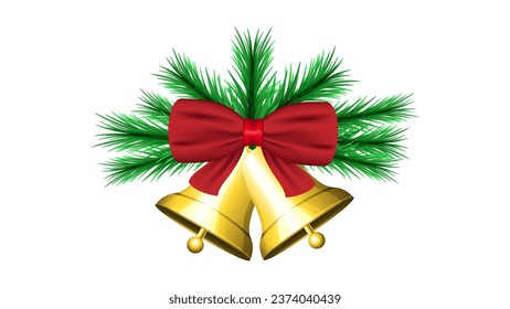 Golden Christmas bells with red bow isolated on white background, holiday decoration, illustration. Christmas vector banner. gold bells in wreth of pine leaves on white background.