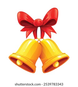 Golden Christmas bells with red bow. Vector cartoon illustration.
