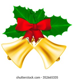 Golden Christmas bells with red bow and leaves of holly