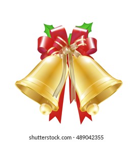 Golden Christmas bells with red bow, tinsel and Holly berries isolated on white background