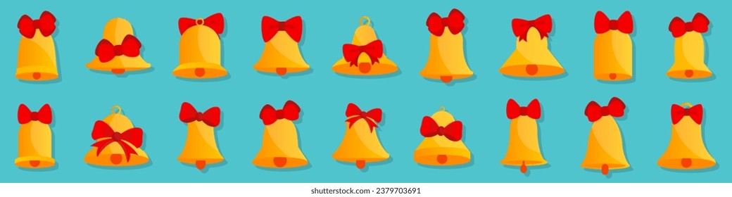 Golden Christmas bells with red ribbon bow. Cartoon Christmas bell collection. Golden jingle bell with bow. Celebration bell icons in a flat design