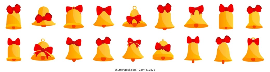 Golden Christmas bells with red ribbon bow. Cartoon Christmas bell collection. Golden jingle bell with bow. Celebration bell icons in a flat design