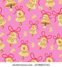 Golden Christmas Bells with Red Ribbons Seamless Pattern. Hand Drawn Christmas decoration. 