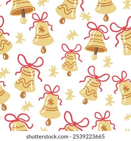 Golden Christmas Bells with Red Ribbons Seamless Pattern. Hand Drawn Christmas decoration on white background.	