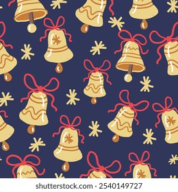 Golden Christmas Bells with Red Ribbons Seamless Pattern. Hand Drawn Christmas decoration on blue background.	