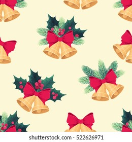 Golden Christmas bells seamless pattern. Jingle bells with fir branches, red bow, holly leaves and berries. Retro vector background