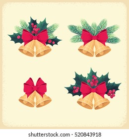 Golden Christmas bells set. Jingle bells with fir branches, red bow, holly leaves and berries. Retro vector illustration design elements