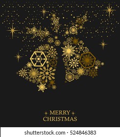 Golden Christmas Bells With Snowflakes On A Black Background. Holiday Card