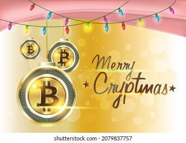 Golden Christmas Bitcoin Balls On A Bokeh Golden Background. Golden Bitcoin Coins With Christmas Lights And Red Frames