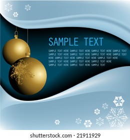 Golden Christmas bulbs with snowflakes on blue background