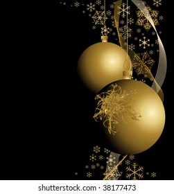 Golden Christmas bulbs with snowflakes on black background