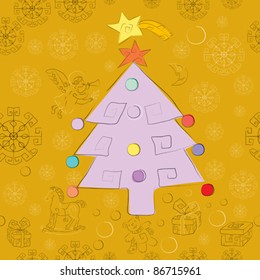 golden christmas card pattern with xmas tree and gifts, wrapping and wallpaper