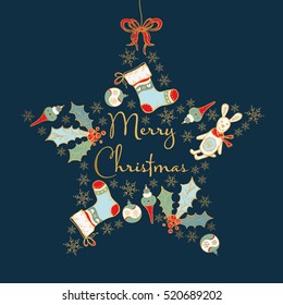 Golden Christmas card in the shape of a star with decorations. hand drawn.