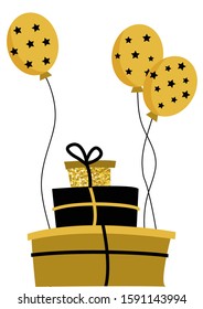 Golden Christmas card Template. A pile of boxes with gifts in black and gold.Gold balloon with stars.