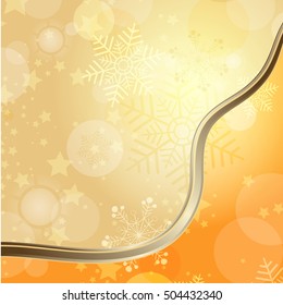 Golden Christmas card with translucent snowflakes and stars and wave line, vector eps10
