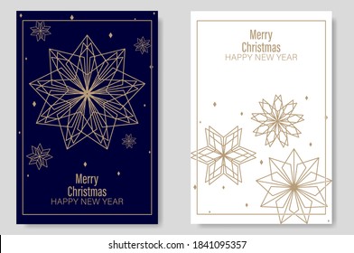 Golden Christmas cards set. Set of Christmas new year winter holiday greeting cards with xmas decoration. Abstract trendy illustration in minimalist hand drawn flat style. Vector illustration. 