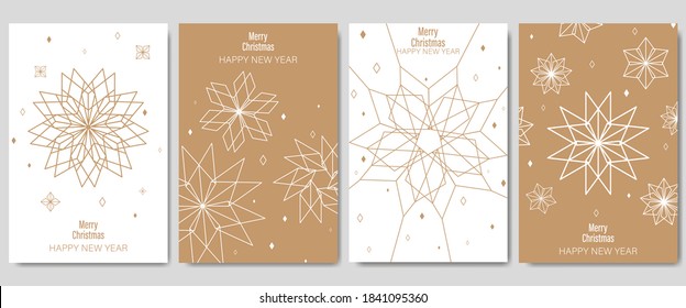 Golden Christmas cards set. Set of Christmas new year winter holiday greeting cards with xmas decoration. Abstract trendy illustration in minimalist hand drawn flat style. Vector illustration. 