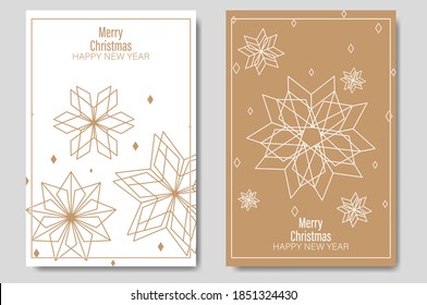 Golden Christmas cards set. Set of Christmas new year winter holiday greeting cards with xmas decoration. Abstract trendy illustration in minimalist hand drawn flat style. Vector illustration. 