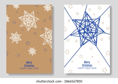 Golden Christmas cards set. Set of Christmas new year winter holiday greeting cards with xmas decoration. Abstract trendy illustration in minimalist hand drawn flat style. Vector illustration. 