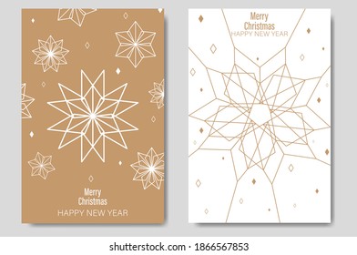 Golden Christmas cards set. Set of Christmas new year winter holiday greeting cards with xmas decoration. Abstract trendy illustration in minimalist hand drawn flat style. Vector illustration. 