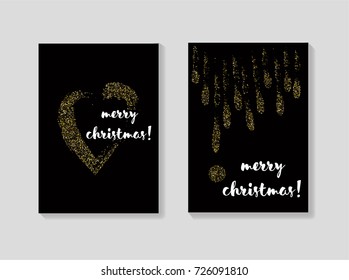 Golden Christmas Cards Vector Set. Glitter Sparkling Background. Festive Decoration, Merry Christmas, New Year Sparkle Design. Winter Holiday Gift Cards or Banners. Cool VIP Seasonal Banner, Lettering