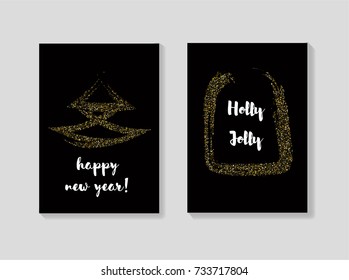 Golden Christmas Cards Vector Set. Glitter Sparkling Background. Festive Decoration, Merry Christmas, New Year Sparkle Design. Winter Holiday Gift Cards or Banners. Cool VIP Seasonal Banner, Lettering