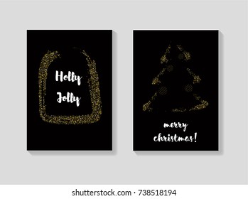 Golden Christmas Cards Vector Set. Glitter Sparkling Background. Festive Decoration, Merry Christmas, New Year Design.  
