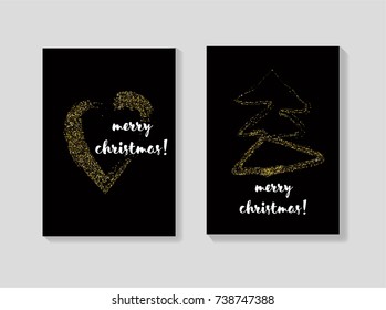 Golden Christmas Cards Vector Set. Glitter Sparkling Background. Festive Decoration, Merry Christmas, New Year Sparkle Design. Winter Holiday Gift Cards or Banners. Cool VIP Seasonal Banner, Lettering