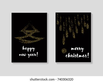 Golden Christmas Cards Vector Set. Glitter Sparkling Background. Festive Decoration, Merry Christmas, New Year Sparkle Design. Winter Holiday Gift Cards or Banners. Cool VIP Seasonal Banner, Lettering