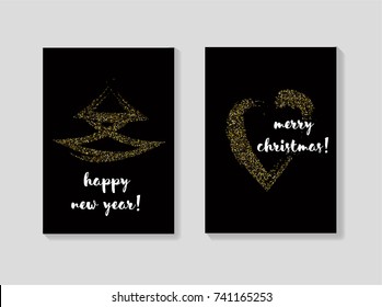 Golden Christmas Cards Vector Set. Glitter Sparkling Background. Festive Decoration, Merry Christmas, New Year Sparkle Design. Winter Holiday Gift Cards or Banners. Cool VIP Seasonal Banner, Lettering