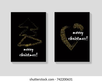 Golden Christmas Cards Vector Set. Glitter Sparkling Background. Festive Decoration, Merry Christmas, New Year Sparkle Design. Winter Holiday Gift Cards or Banners. Cool VIP Seasonal Banner, Lettering