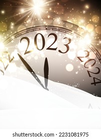 Golden Christmas clock showing 2023 in snowdrift. New year sparkling background with space for text. - Shutterstock ID 2231081975