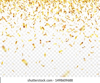 Golden Christmas confetti on transparent background. Falling shiny gold glitter. New Year or birthday greeting card design element. Vector illustration.