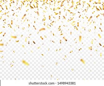 Golden Christmas confetti on transparent background. Falling shiny gold glitter. New Year or birthday greeting card design element. Vector illustration.