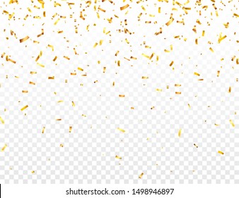 Golden Christmas confetti on transparent background. Falling shiny gold glitter. New Year or birthday greeting card design element. Vector illustration.