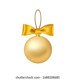 Golden Christmas decoration ball with yellow ribbon bow, holiday pendant, hand drawn 3D vector illustration, birthday decorations