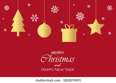 Golden Christmas decoration hanging isolated on red background with copy space for text or design. Xmas and New Year template. Flat design vector illustration