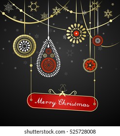 Golden Christmas decoration with hanging plate and Christmas sign - dark version.