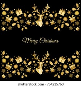  Golden Christmas  decoration. Happy New Year background. Gold Xmas head of  reindeer. Vector template  for greeting  card.