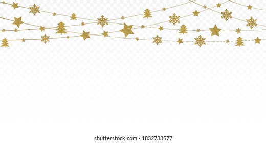 Golden Christmas decoration isolated on a white background. Hanging stars, balls, Christmas trees and gingerbread. Festive decor element for headers, banners and party posters.
