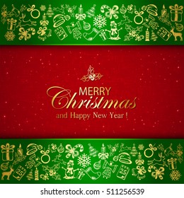 Golden Christmas decorative elements on green and red background, holiday decorations, illustration.