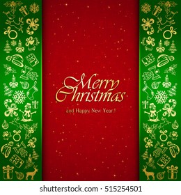 Golden Christmas decorative elements on green and red background, holiday decorations with inscriptions Merry Christmas and Happy New Year, illustration.